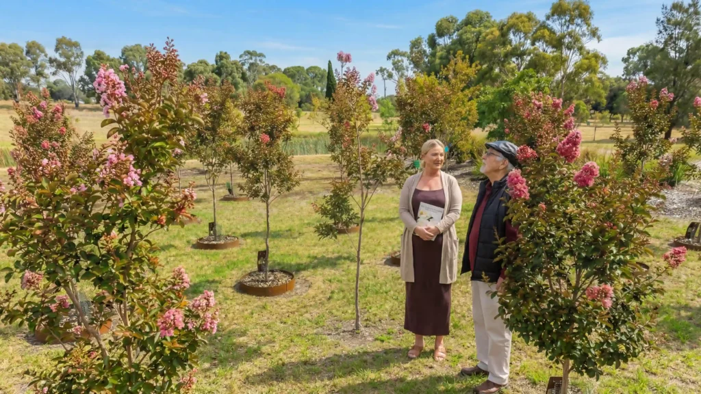 A woman and an elderly man stand in a peaceful memorial garden with flowering trees, exploring living legacy gardens options