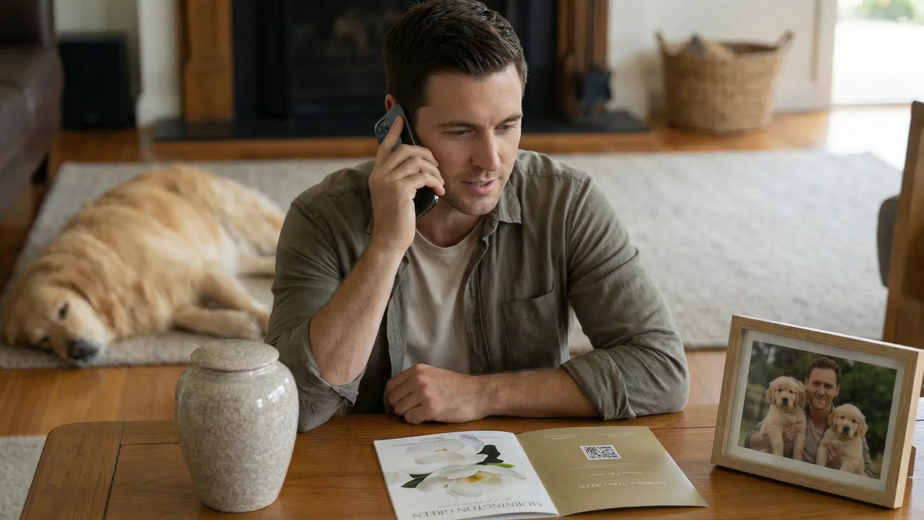 young man have pet ashes and schedule a call with legacy planner living legacy garden mornington green