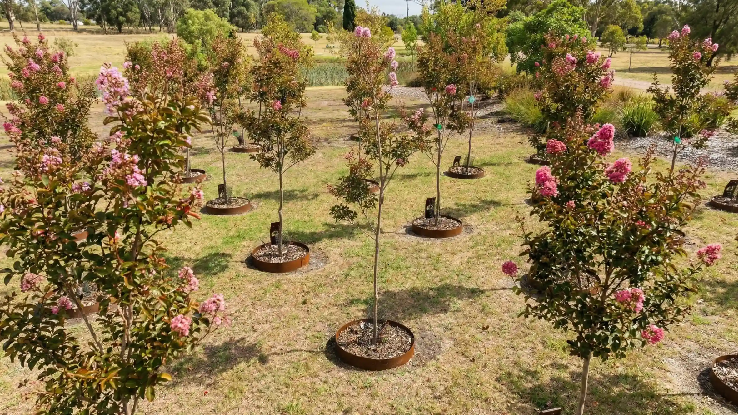 Pink flowering crepe myrtle memorial trees at Mornington Green